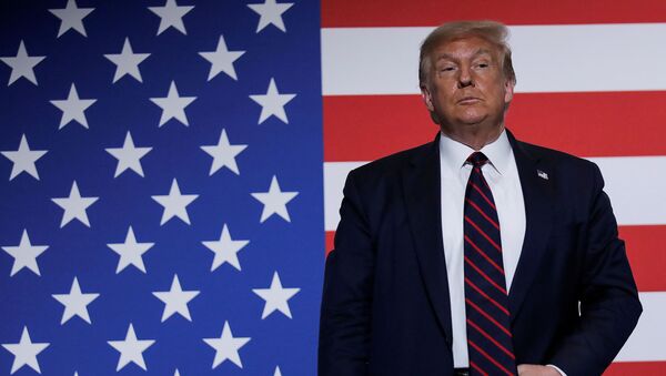 Kızılhaç merkezini ziyaret ederken ABD bayrağı önünde duran Başkan Donald Trump - Sputnik Türkiye