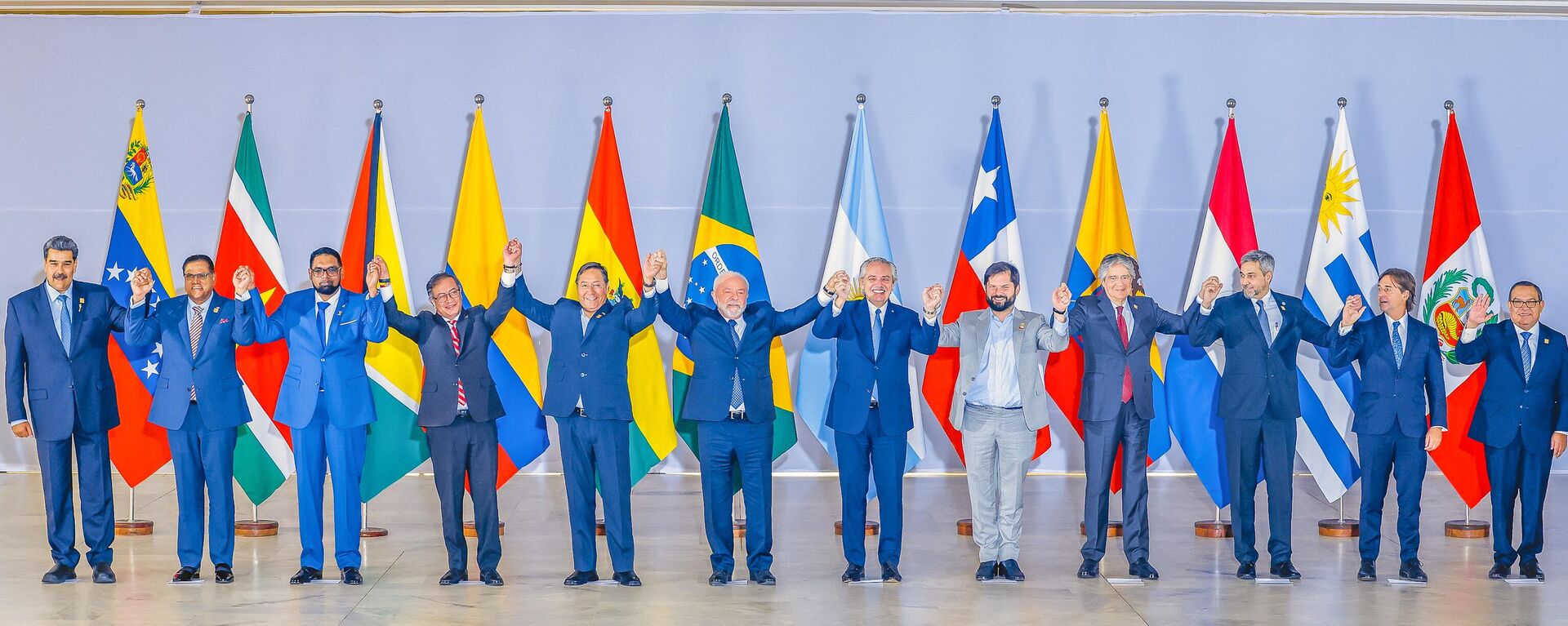 Brezilya Devlet Başkanı Lula da Silva'nın (soldan 6.) evsahipliğinde Güney Amerika Uluslar Birliği'nin (UNASUR) eski ve halihazırdaki üyesi 12 ülkenin liderinin katıldığı zirvenin aile fotoğrafı - Sputnik Türkiye, 1920, 31.05.2023