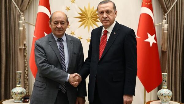 Cumhurbaşkanı Recep Tayyip Erdoğan, Fransa Savunma Bakanı Jean Yves Le Drian'ı Cumhurbaşkanlığı Külliyesi'nde kabul etti. - Sputnik Türkiye