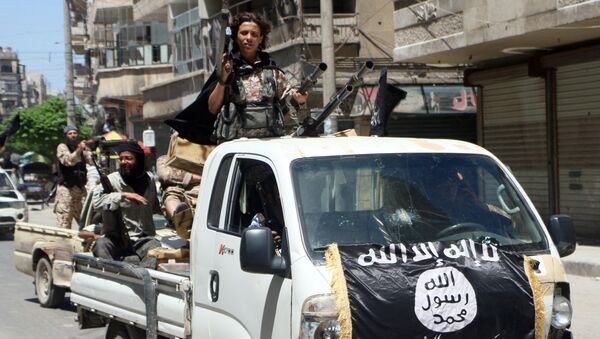 Fighters from Al-Qaeda's Syrian affiliate Al-Nusra Front drive in armed vehicles in the northern Syrian city of Aleppo as they head to a frontline. (File) - Sputnik Türkiye