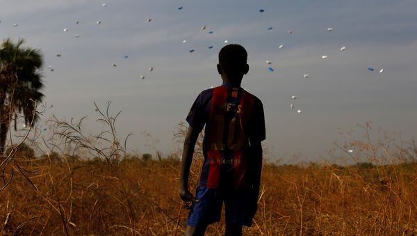 Güney Sudan'da BM Dünya Gıda Programı'nın havadan attığı gıda yardımlarını izleyen bir çocuk - Sputnik Türkiye
