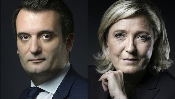 Fransa'da aşırı sağ parti Ulusal Cephe'nin (FN) Başkan Yardımcısı Florian Philippot- Genel Başkan Marine Le Pen - Sputnik Türkiye