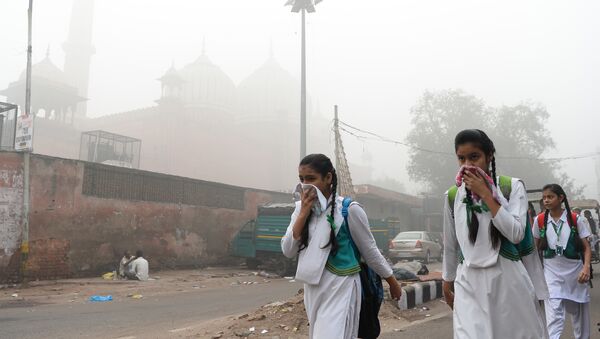 20 milyonluk nüfusuyla dünyanın en kalabalık başkenti Yeni Delhi'de yoğun duman tabakasının her tarafı kaplamasının ardından insanlar ağızlarını mendil ya da kıyafetleiyrle kapatarak günlük yaşamlarına devam etmeye çalıştı. - Sputnik Türkiye