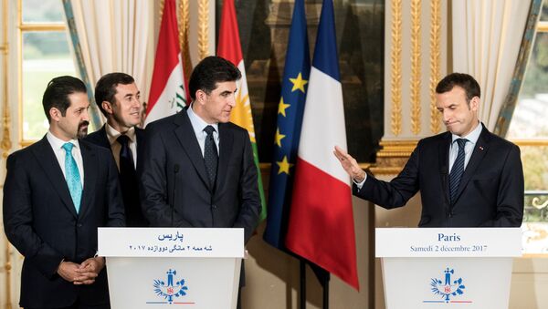 Fransa Cumhurbaşkanı Emmanuel Macron- IKBY Başbakanı Neçirvan Barzani - Sputnik Türkiye