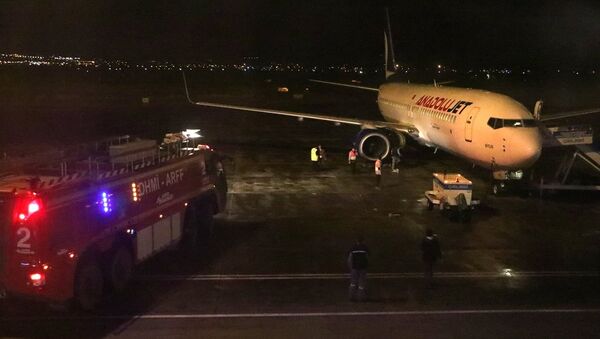 Erzurum Havalimanı'nda kalkışa hazırlanan uçağın motor kısmından alev çıkması üzerine yolcular tahliye edildi. - Sputnik Türkiye