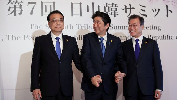 Çin Başbakanı Li Kıçiang, Japonya Başbakanı Şinzo Abe  ve Güney Kore Başbakanı Moon Jae-in tokyo'daki üçlü zirvede el ele - Sputnik Türkiye