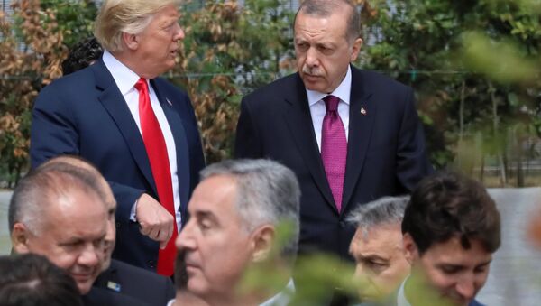 Cumhurbaşkanı Erdoğan, NATO Karargahında seremoni alanına ABD Başkanı Trump ile birlikte gitti. İki lider bir süre ayaküstü sohbet etti. - Sputnik Türkiye