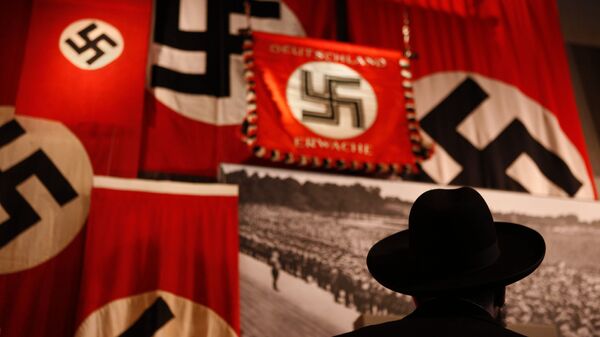 A man looks at exhibit showing the Nazi flags. - Sputnik Türkiye