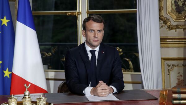 Fransa Cumhurbaşkanı Emmanuel Macron, Notre Dame yangınının ardından Elysee Sarayı'nda 'ulusa sesleniş' konuşması yaptı.  - Sputnik Türkiye